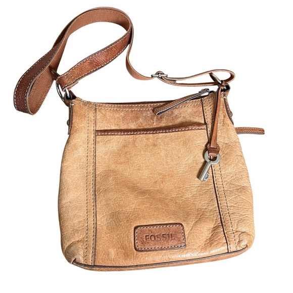 Fossil Handbags - VTG FOSSIL Genuine Leather Brown Crossbody Bag Tan Satchel Zip-Top Key Charm Y2K